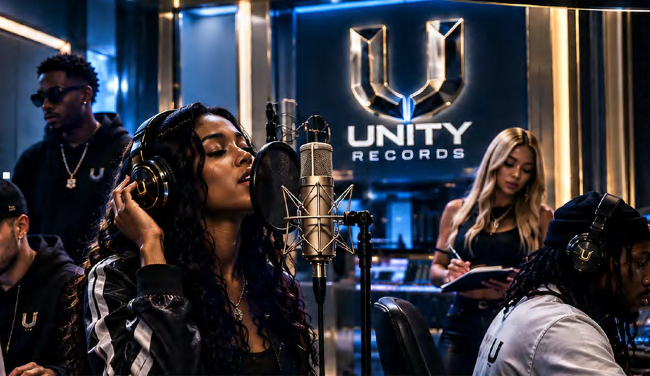 Unity Records artists recording together in a studio