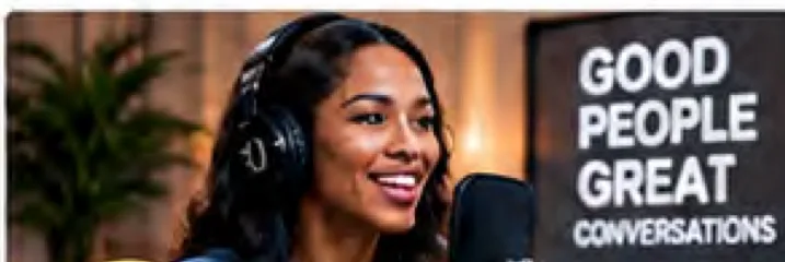 A podcast host recording an episode