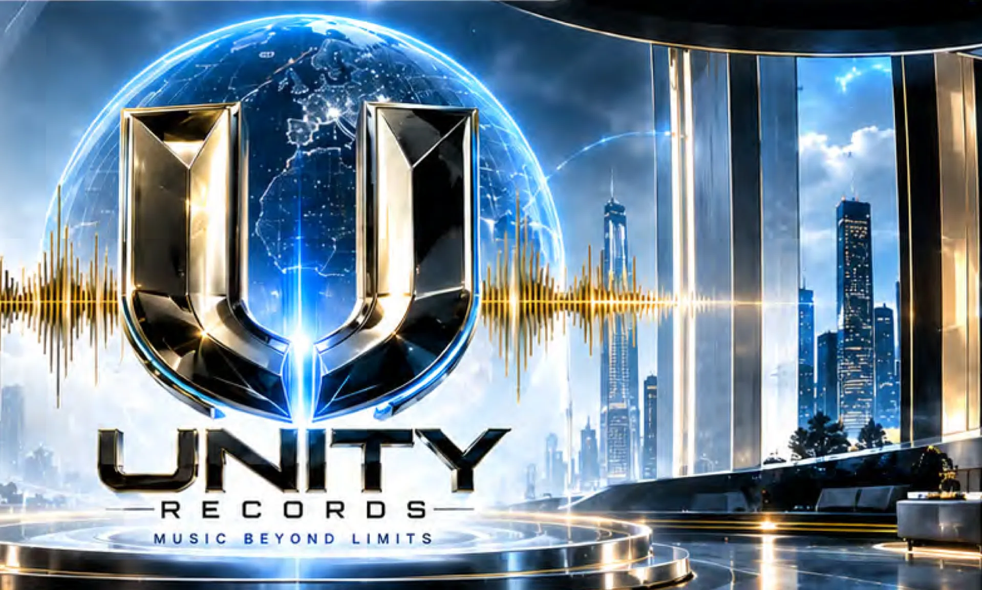 The Unity Records U mark over a networked globe above a city skyline