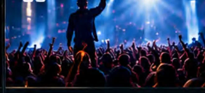A performer in front of a festival crowd
