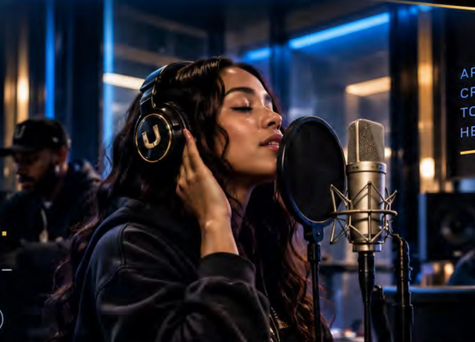 A vocalist recording in a studio booth